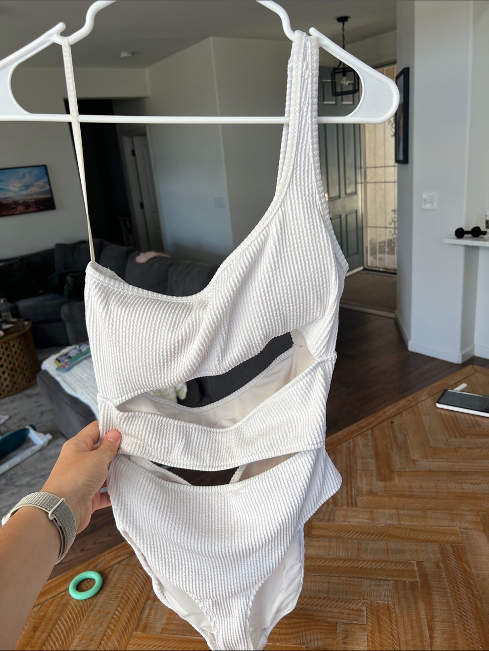 Aerie White Textured One-Shoulder Cutout Swimsuit